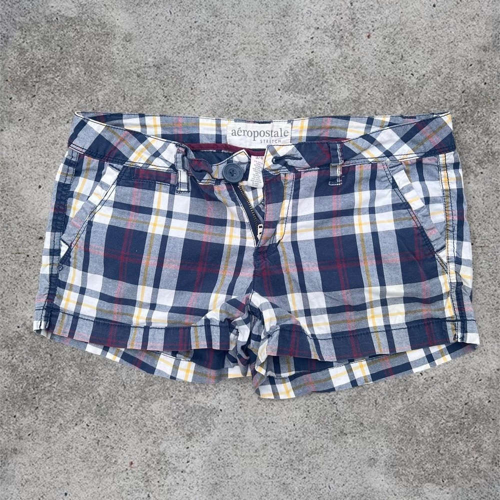 Women's Aeropostale Stretch Navy White Red Yellow Plaid Shorts 3/4 Cotton Y2K
